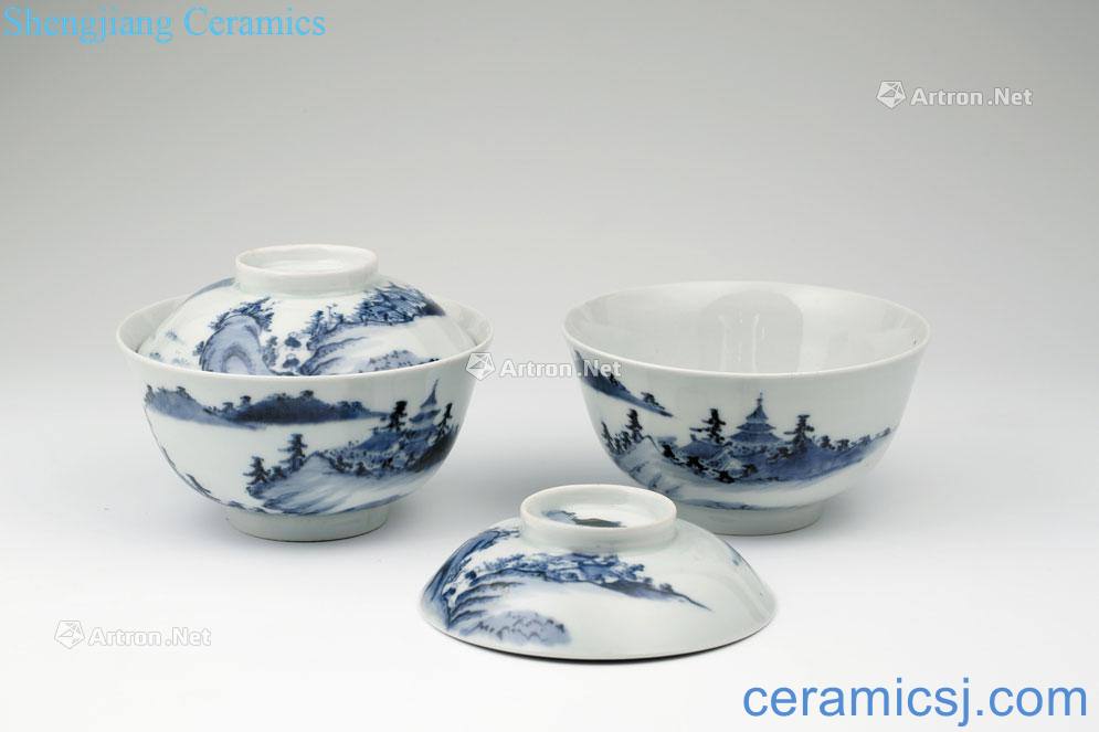 qing Blue and white landscape tureen (a)