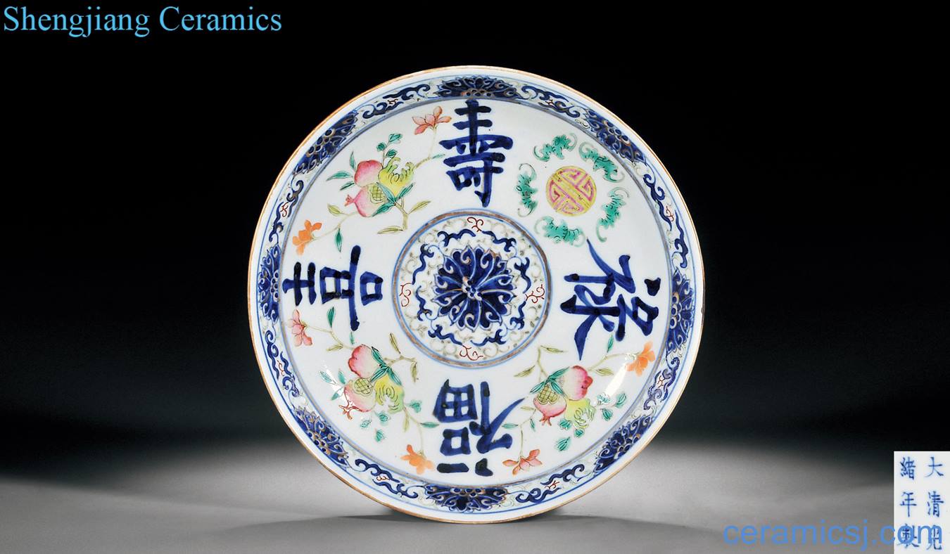 Qing guangxu Blue and white enamel bound into a lotus flower live sanduo ferro ShouXi plate