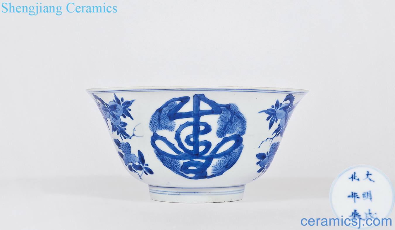The qing emperor kangxi Blue and white bowl bound branch fu lu shou word
