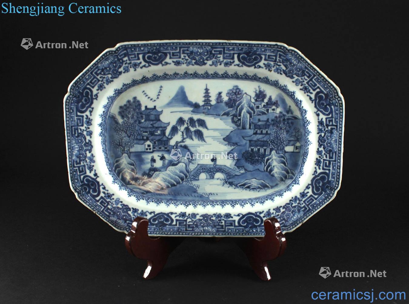 Qianlong blue-and-white visiting friends for an outing lines take mouth eight side long plate