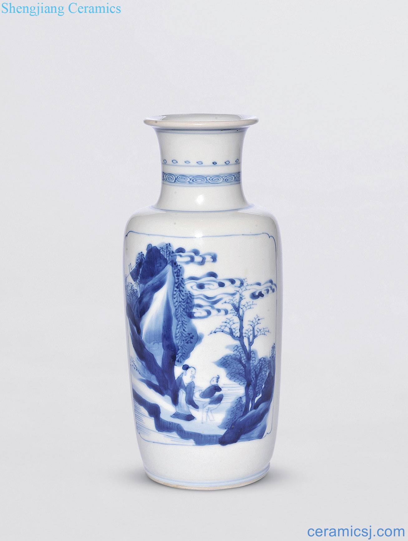 The qing emperor kangxi Blue and white medallion landscape character antique small wooden stick bottle