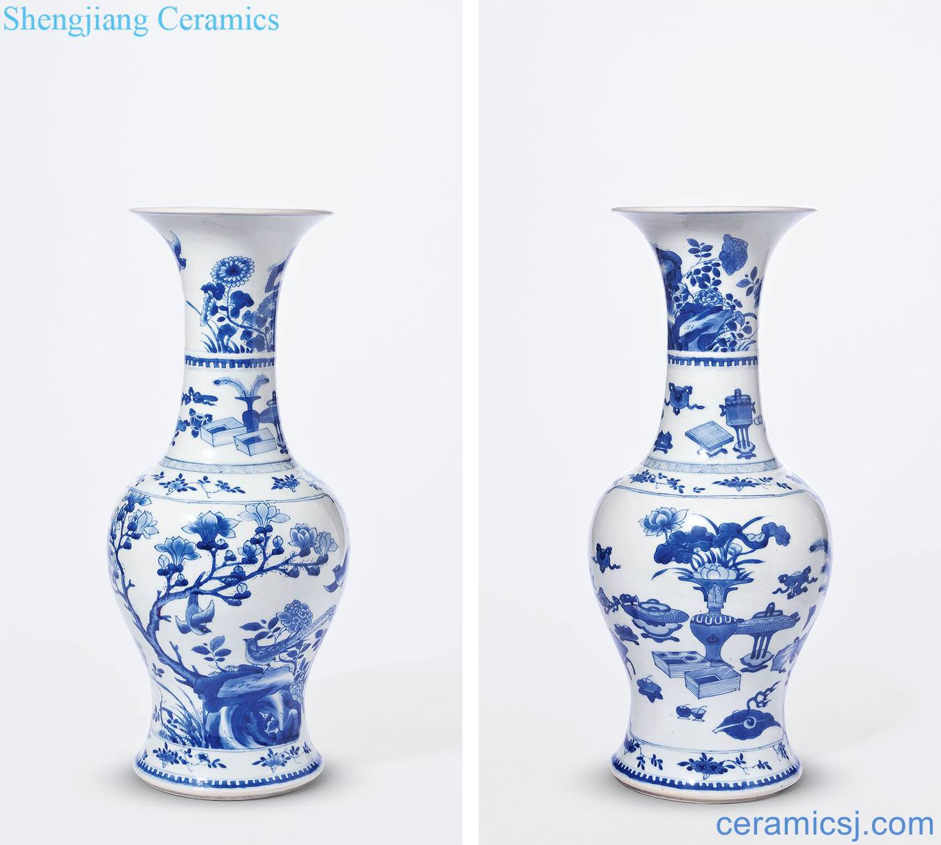 The qing emperor kangxi Blue and white flowers and birds figure ombre honour antique