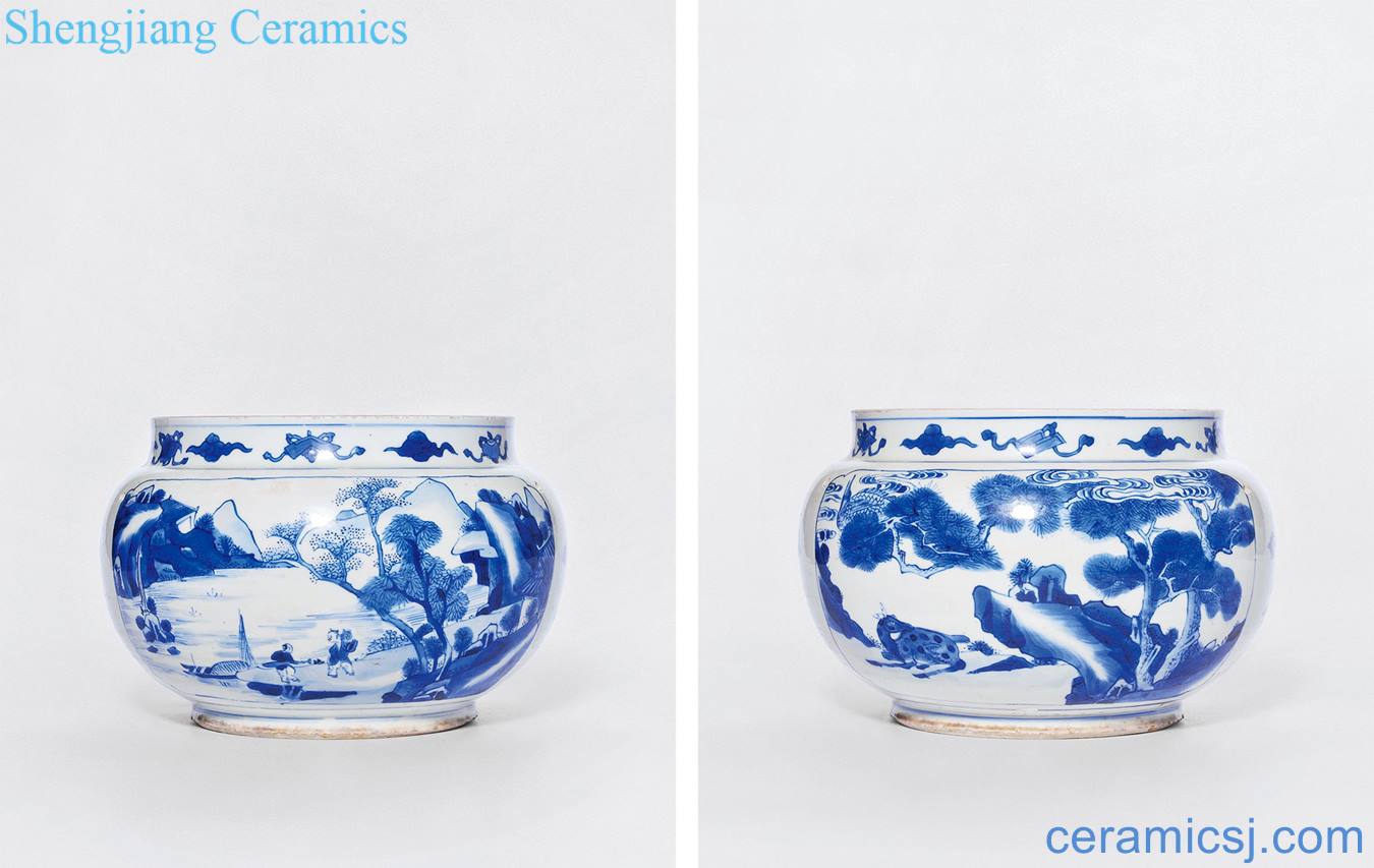 The qing emperor kangxi Blue and white medallion landscape character pine LuYanNian porridge pot