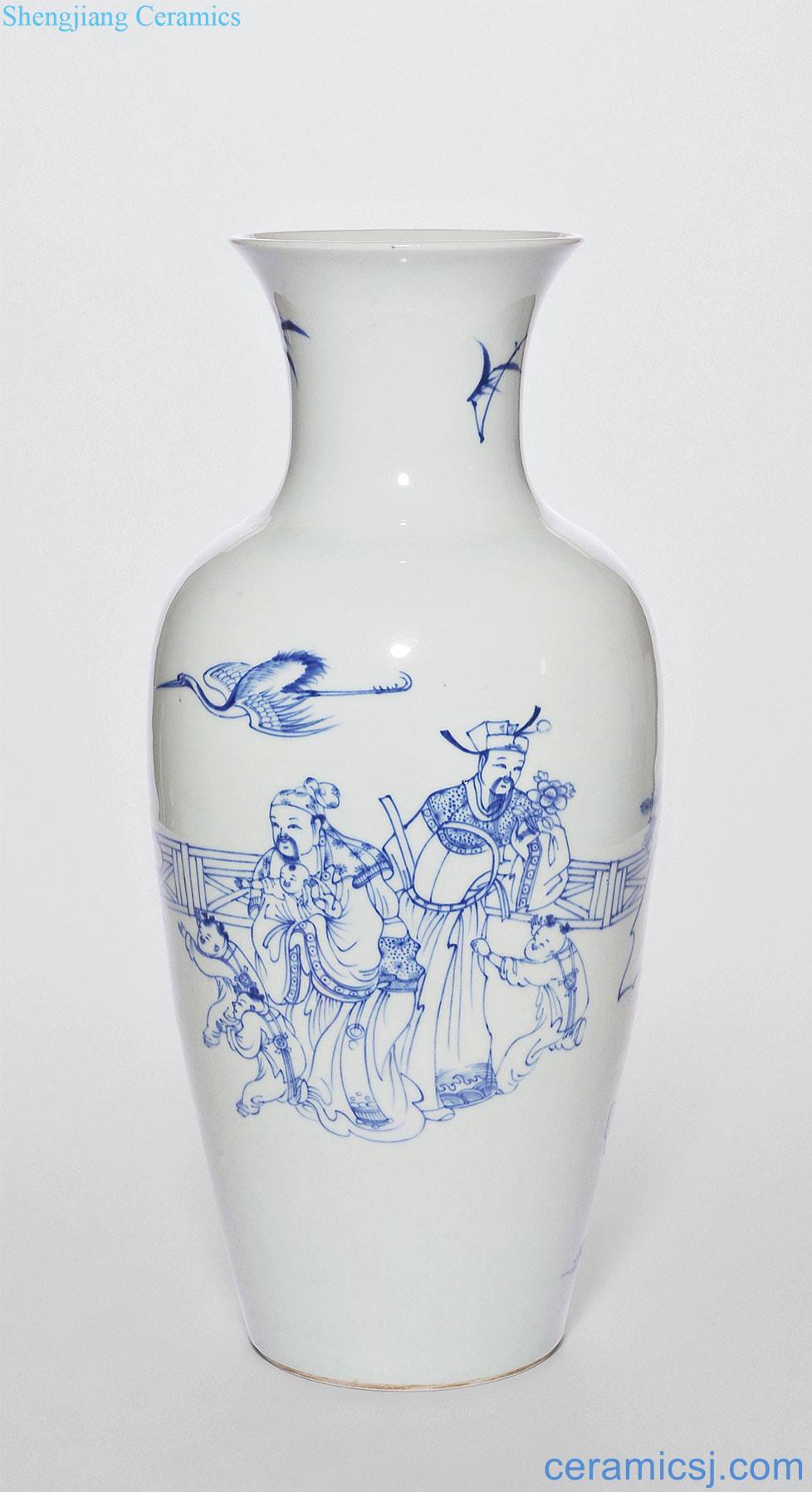 The qing emperor kangxi, yongzheng Blue and white fu lu shou three map goddess of mercy bottle