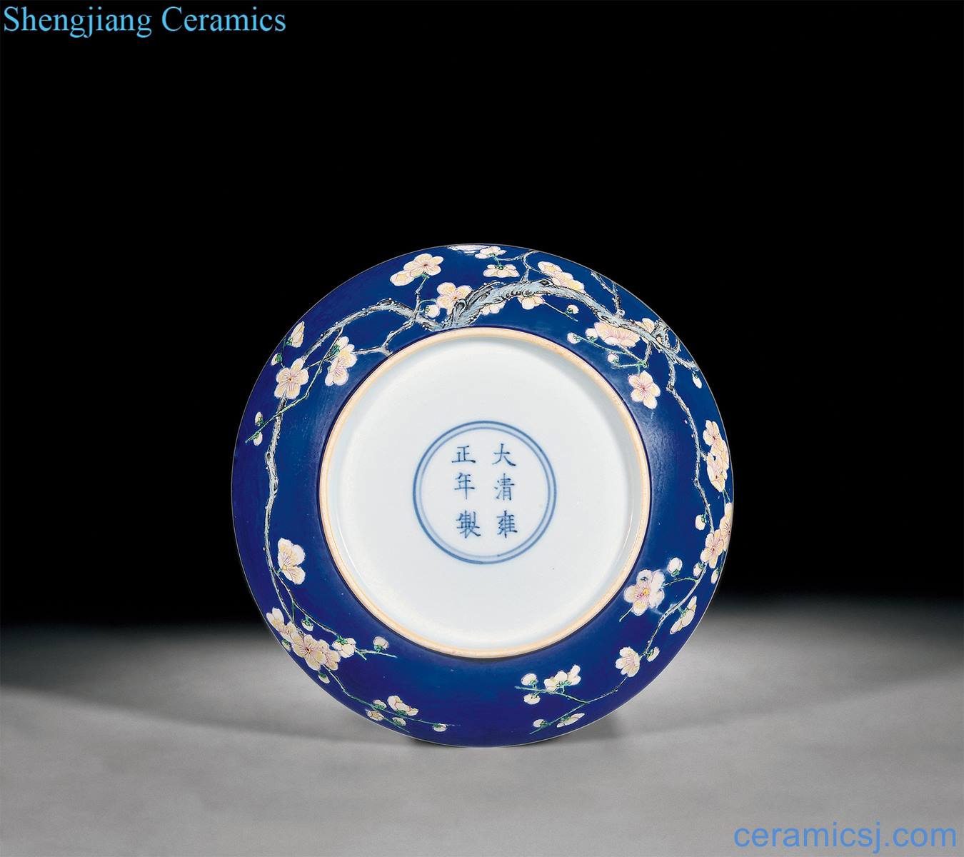 Qing yongzheng blue glaze enamel branch plum flower tray