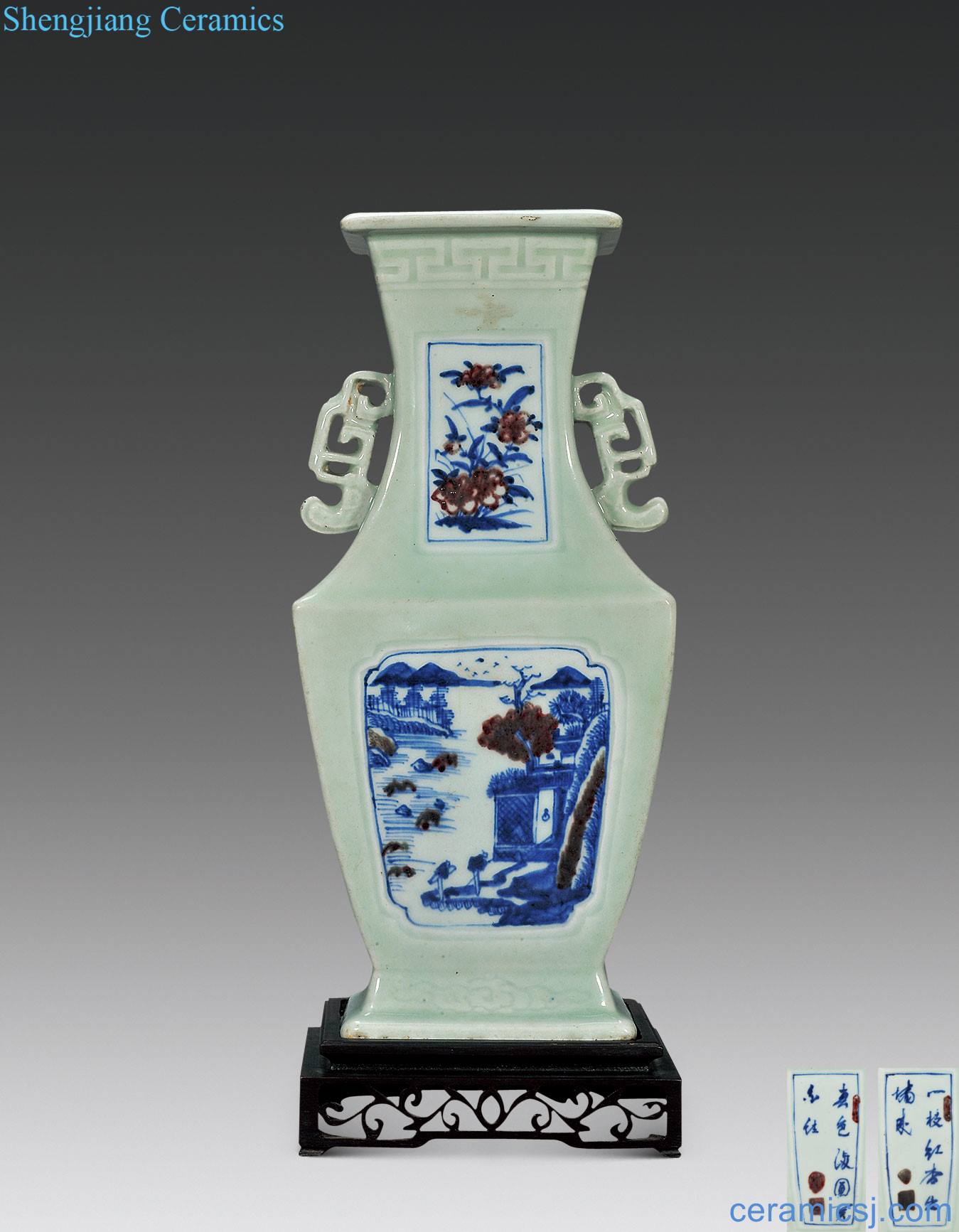 Qing qianlong Green glaze medallion blue-and-white youligong landscape character poems therefore ears