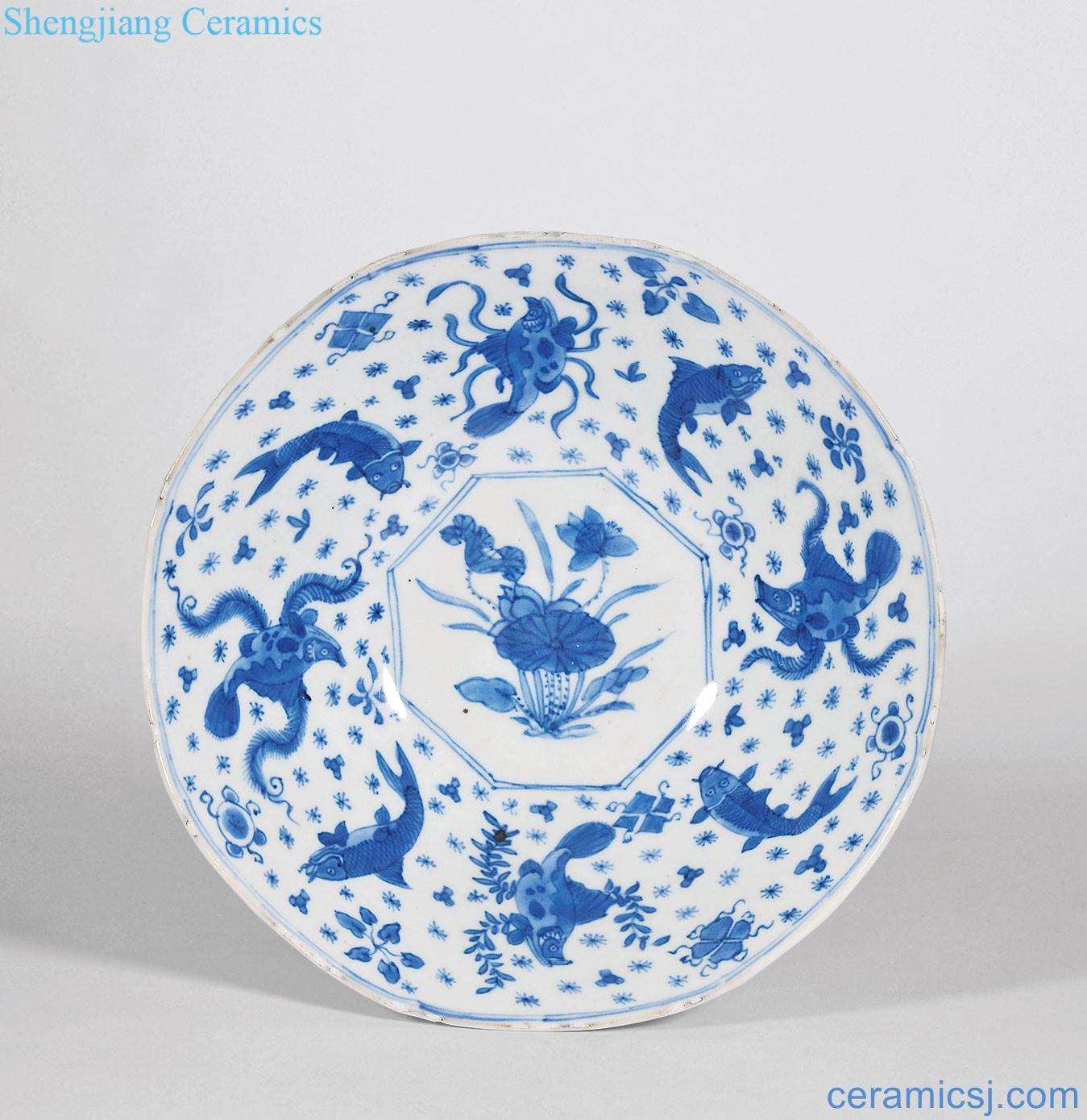 Blue and white "prosperous" year after year of the reign of emperor kangxi fish grain flower mouth bowl