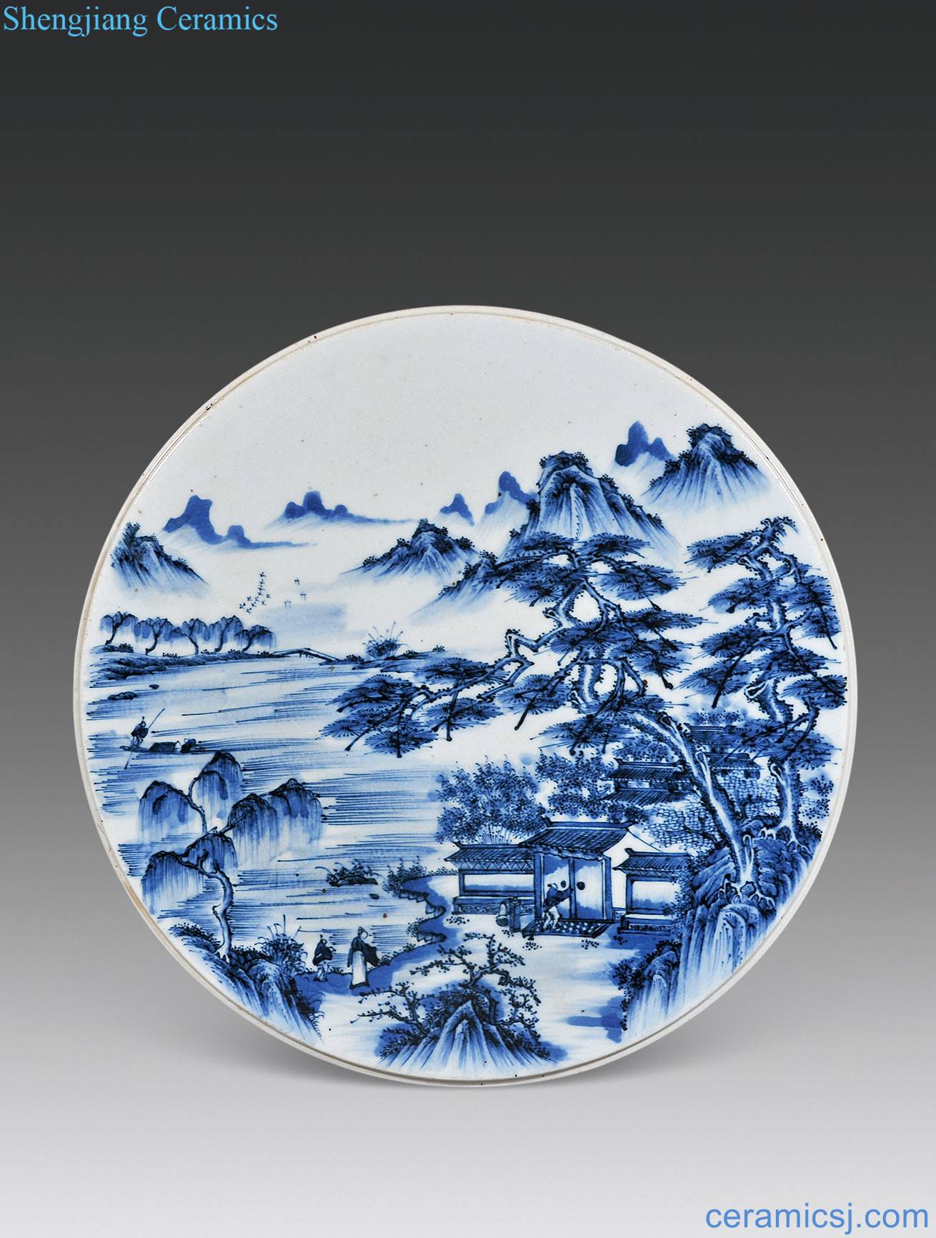 qing Blue and white landscape character grain porcelain plate