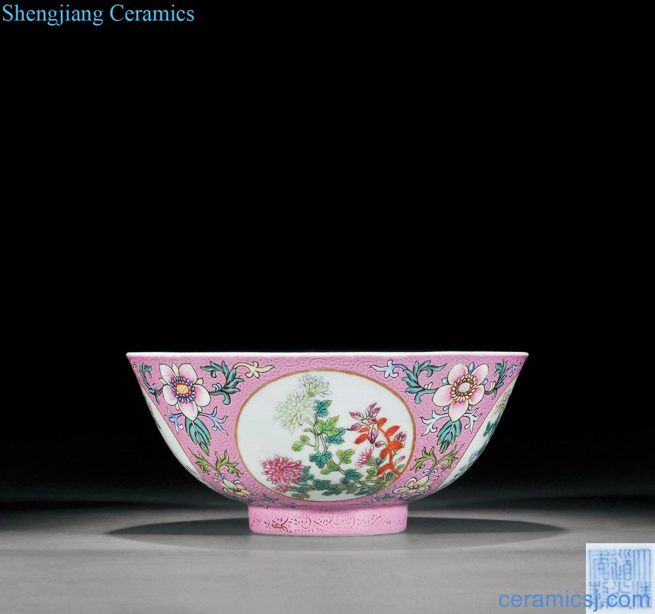Clear light blue and white within three Yang kaitai figure outside in powder rolling way medallion pastel flowers green-splashed bowls