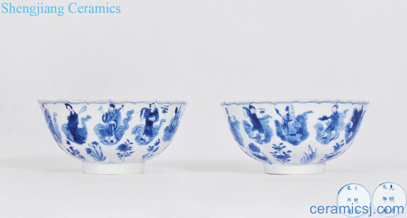 The qing emperor kangxi Blue and white the eight immortals figure lotus-shaped bowl (a)