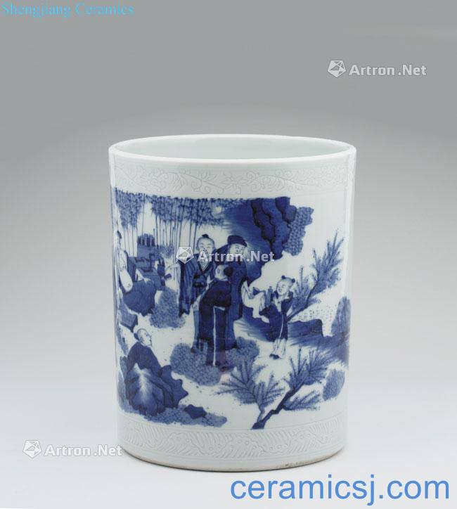 The early qing dynasty blue-and-white dark groove bamboo seven sages brush pot