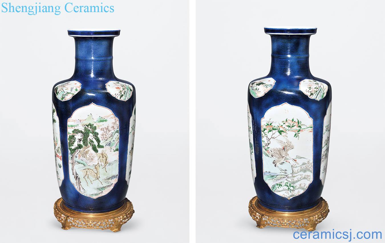 The qing emperor kangxi with blue glaze medallion multicoloured crane deer with spring antique wooden stick bottle