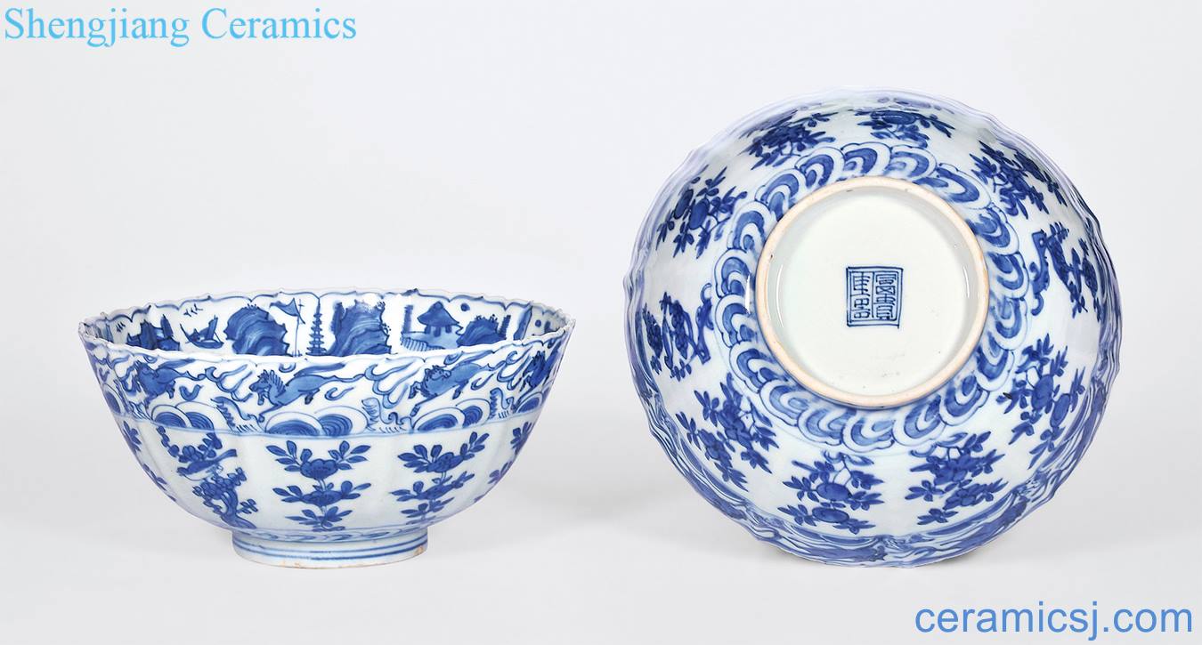 Ming wanli In the blue and white landscape characters outside fold branch flowers and hippocampus lines lotus-shaped bowl (a)