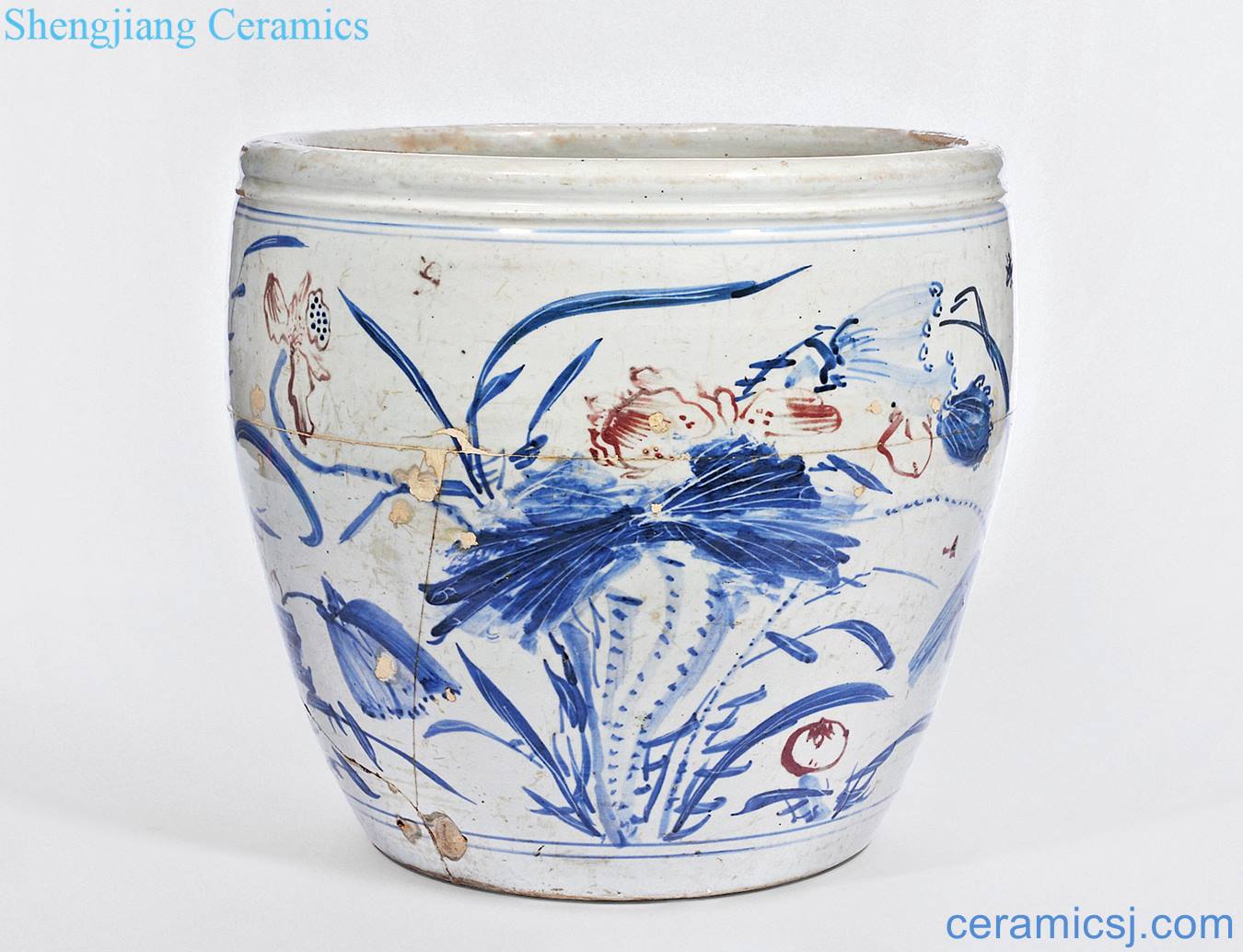 The qing emperor kangxi Blue and white figure cylinder youligong lotus pond