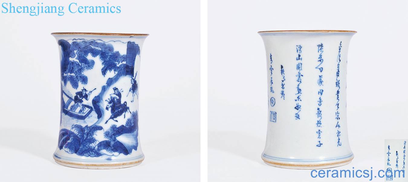 The qing emperor kangxi in the early Blue and white medallion characters poetry pen container