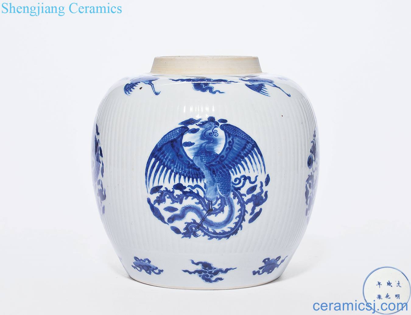 The qing emperor kangxi Blue and white dragon ball grain tank