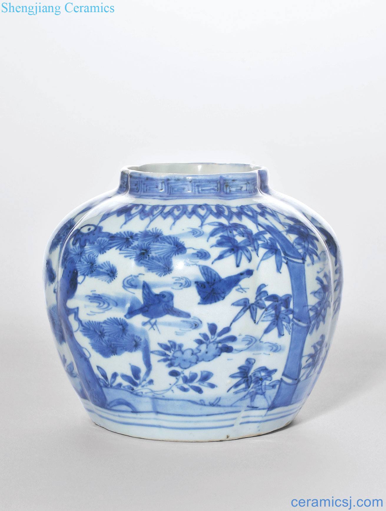 In the late Ming Blue and white flower on grain melon leng cans