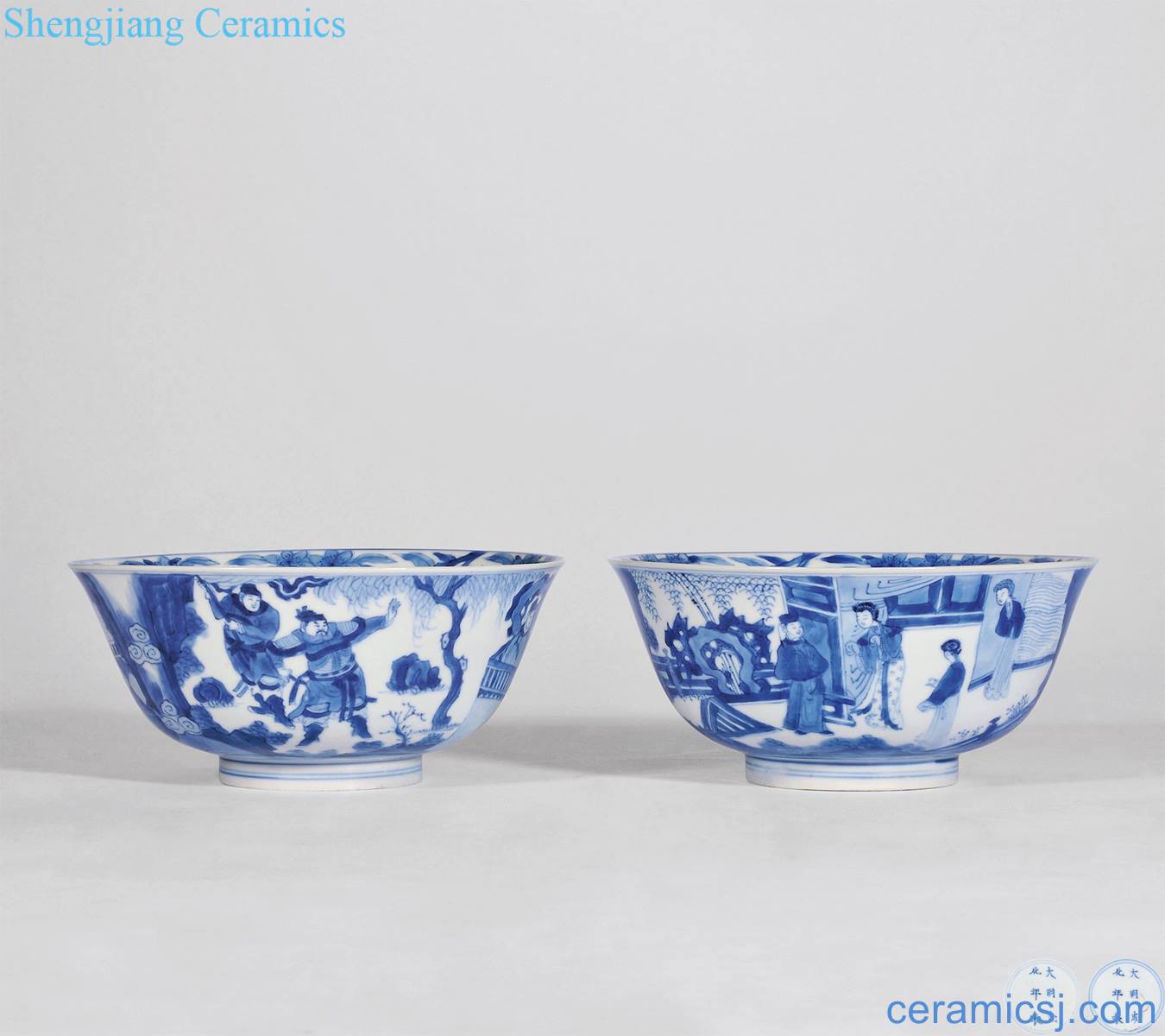 The qing emperor kangxi Stories of blue and white western figure bowl (a)