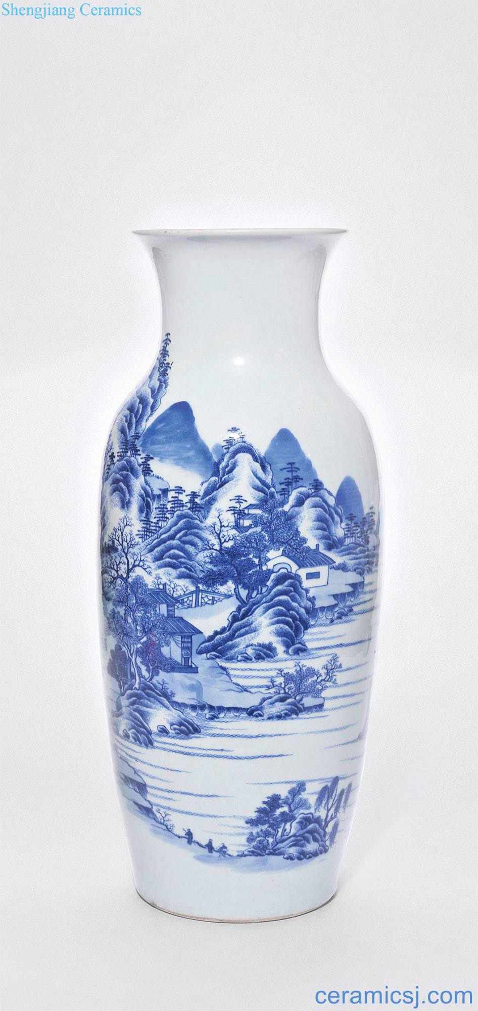 Qing yongzheng A castle in the blue and white landscape figure great goddess of mercy bottle