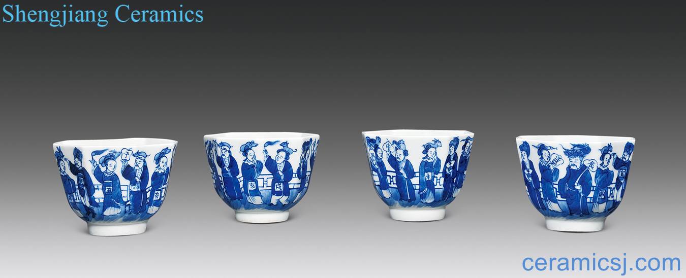 In late qing dynasty Blue and white figure eight square cup twelve stars (four)