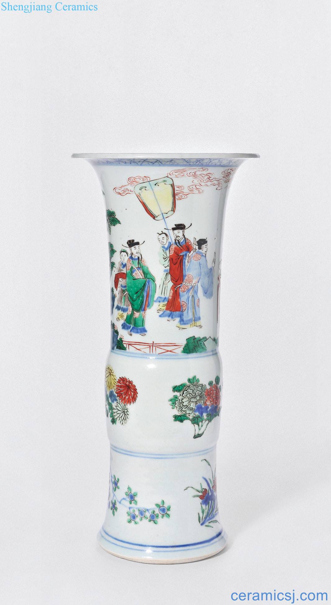 The qing emperor kangxi Blue and white stripes flower vase with colorful fairy characters