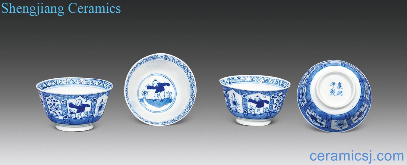 In late qing dynasty Blue and white baby play figure cup (four)