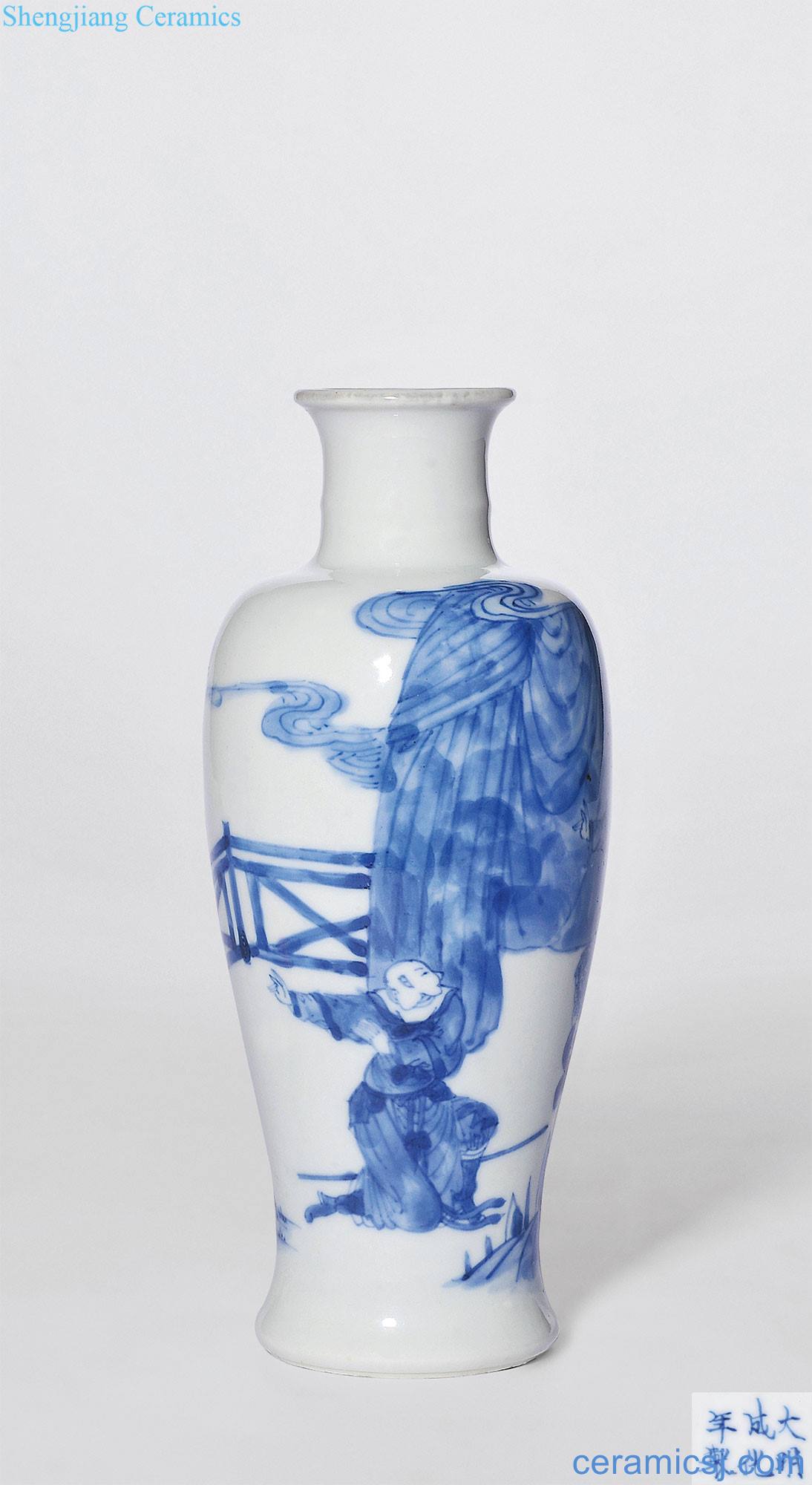 The qing emperor kangxi Blue and white figure little goddess of mercy bottle stories of west chamber