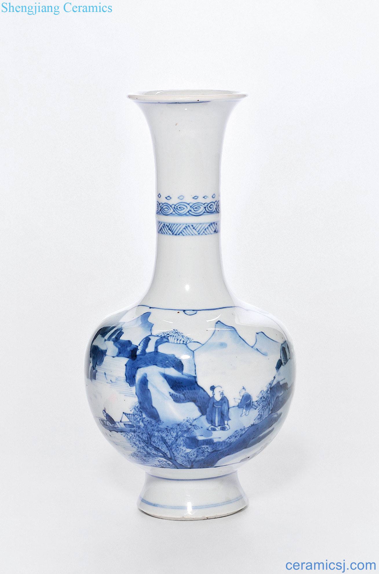 The qing emperor kangxi Blue and white landscape character antique figure small bottle