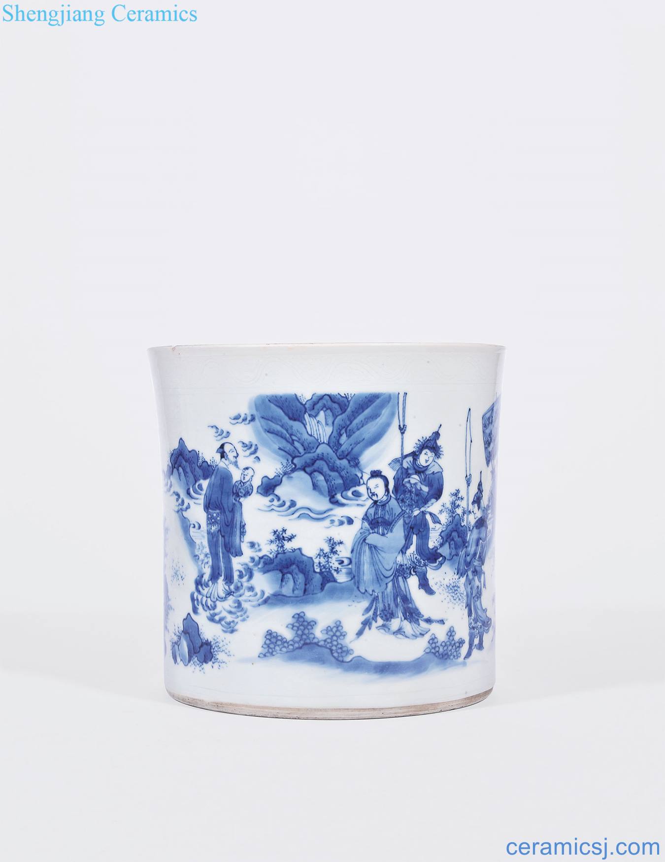 Ming chongzhen Blue and white SongZi figure big brush pot