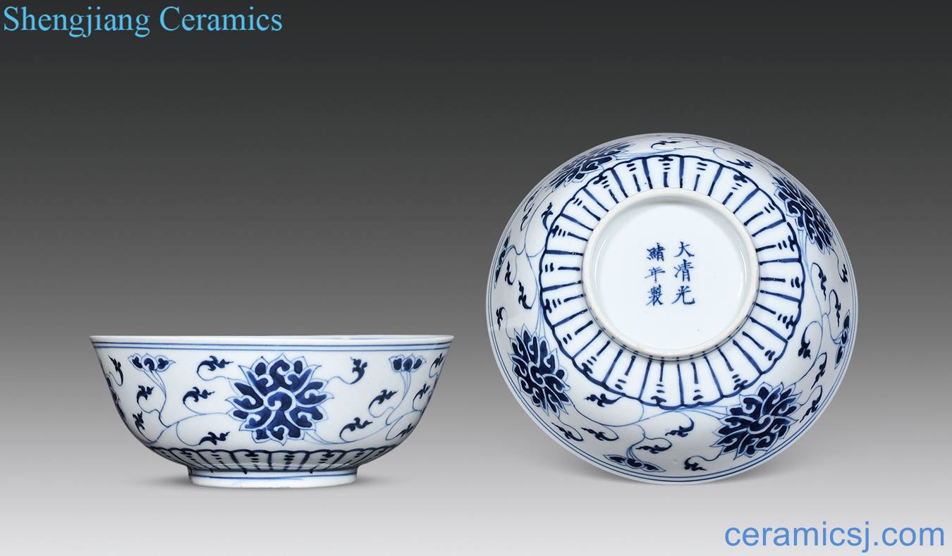 Qing guangxu Blue and white tie up branch lotus green-splashed bowls (a)