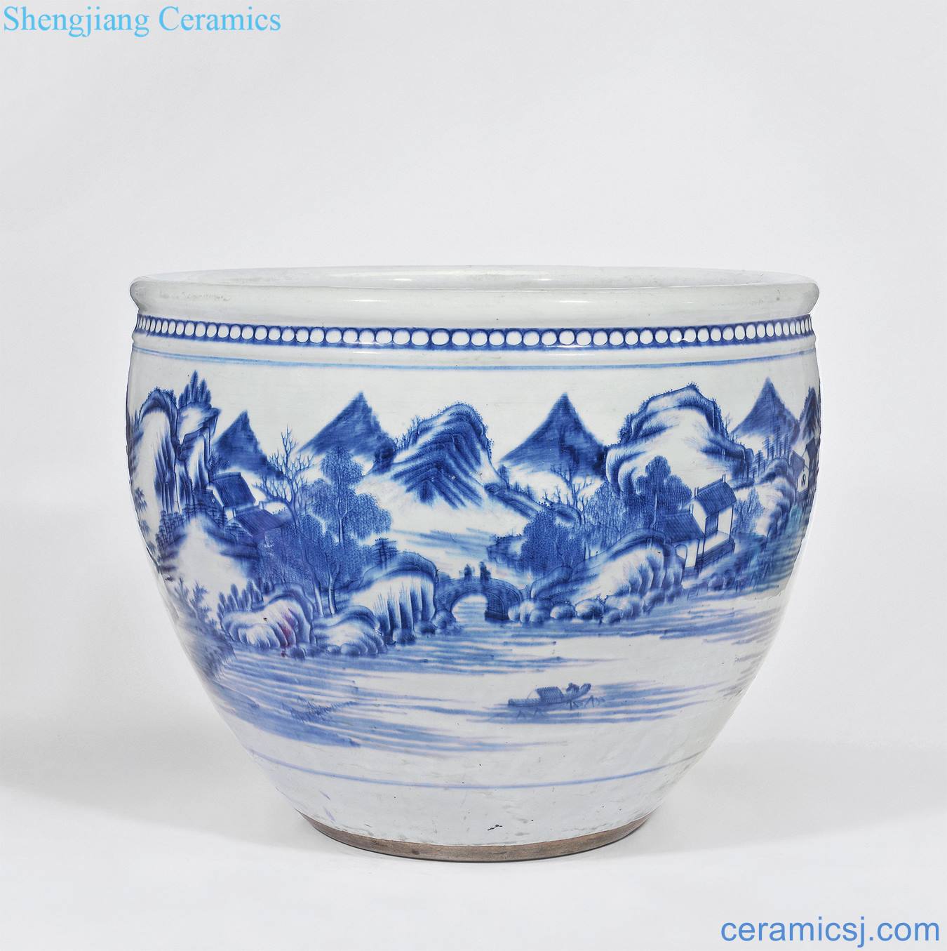 Qing yongzheng Blue and white landscape character lines vats