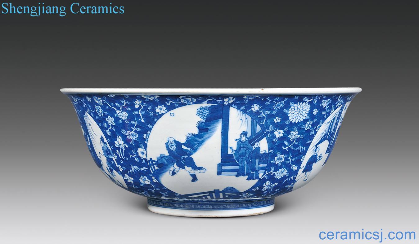 In late qing dynasty Blue and white flower medallion characters grain big bowl