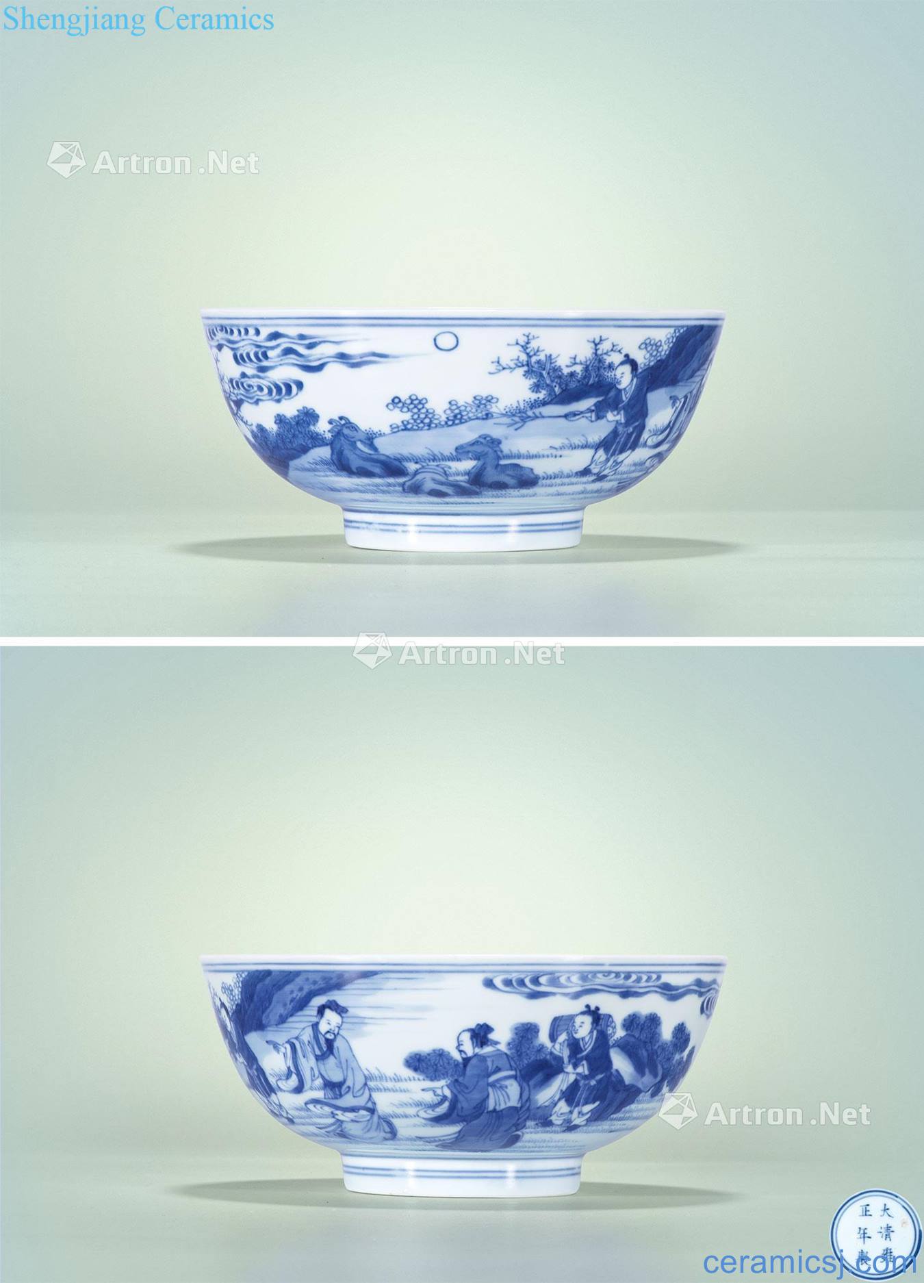 Qing yongzheng figure bowl of blue and white sheep who ishinari story
