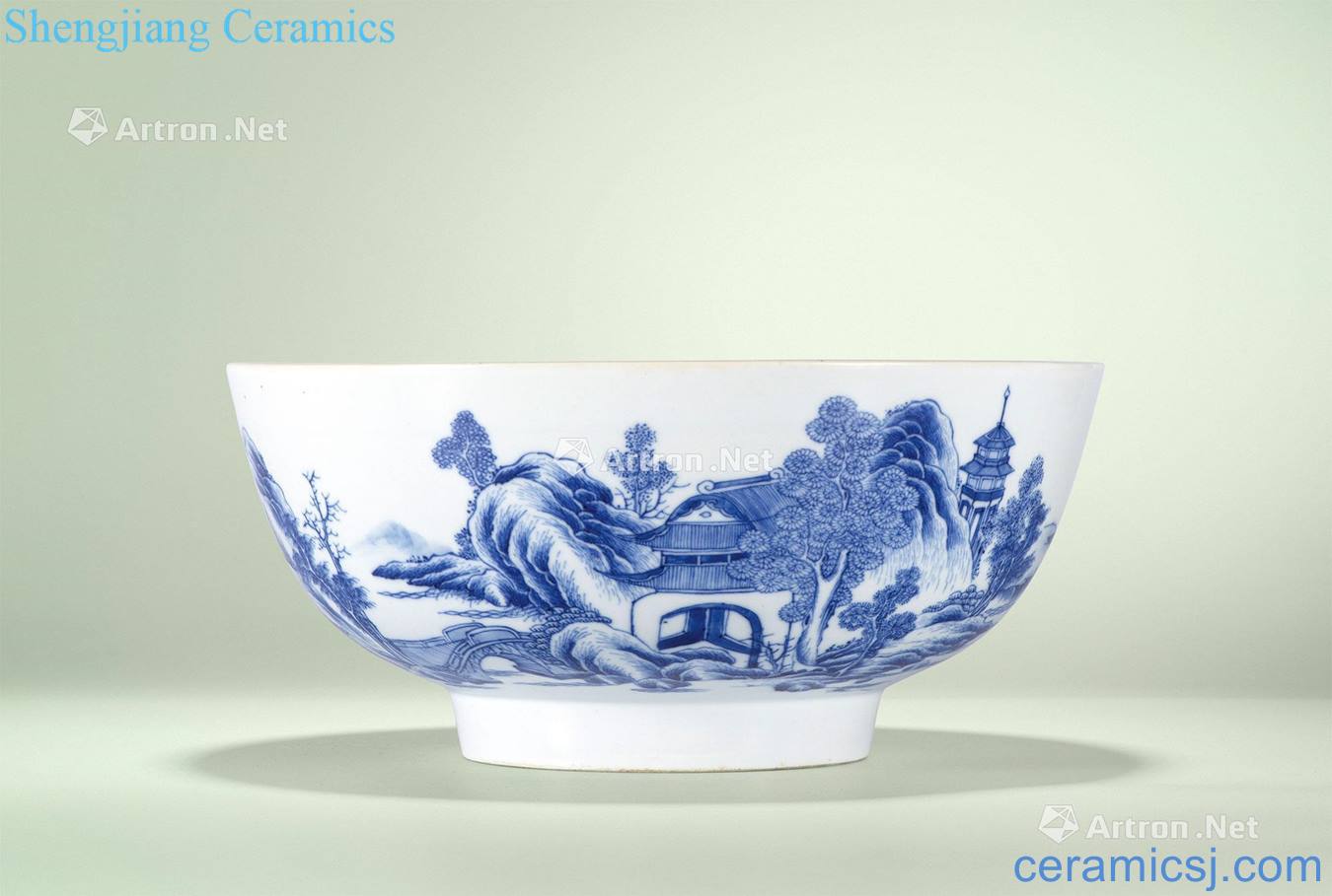 Qing qianlong Blue and white landscape character grain big bowl