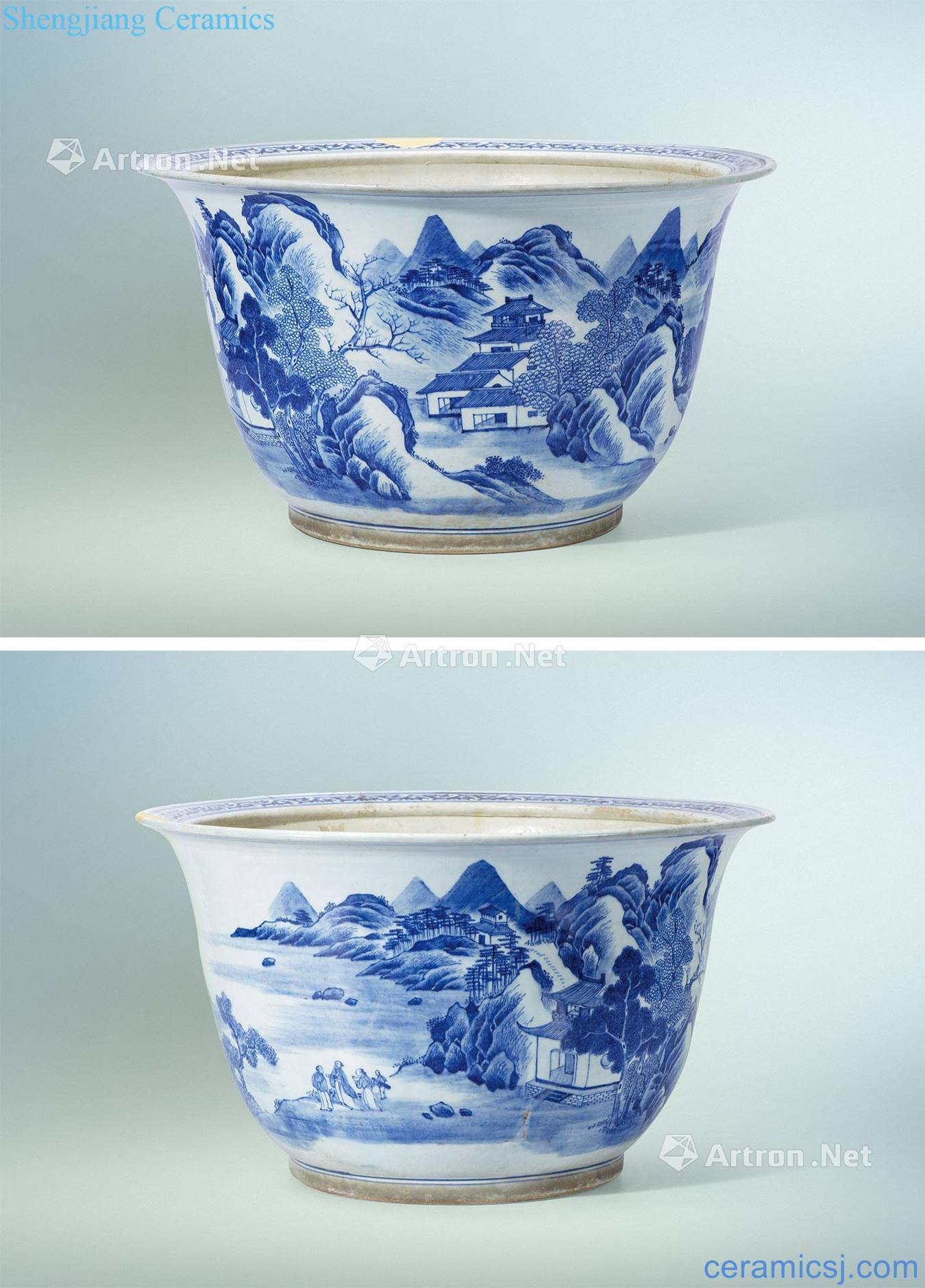 Qing yongzheng, qianlong Blue and white landscape character grain big flower pot