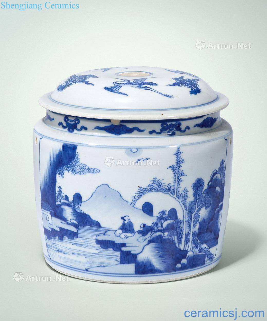 The qing emperor kangxi Blue and white landscape character lines cover tank