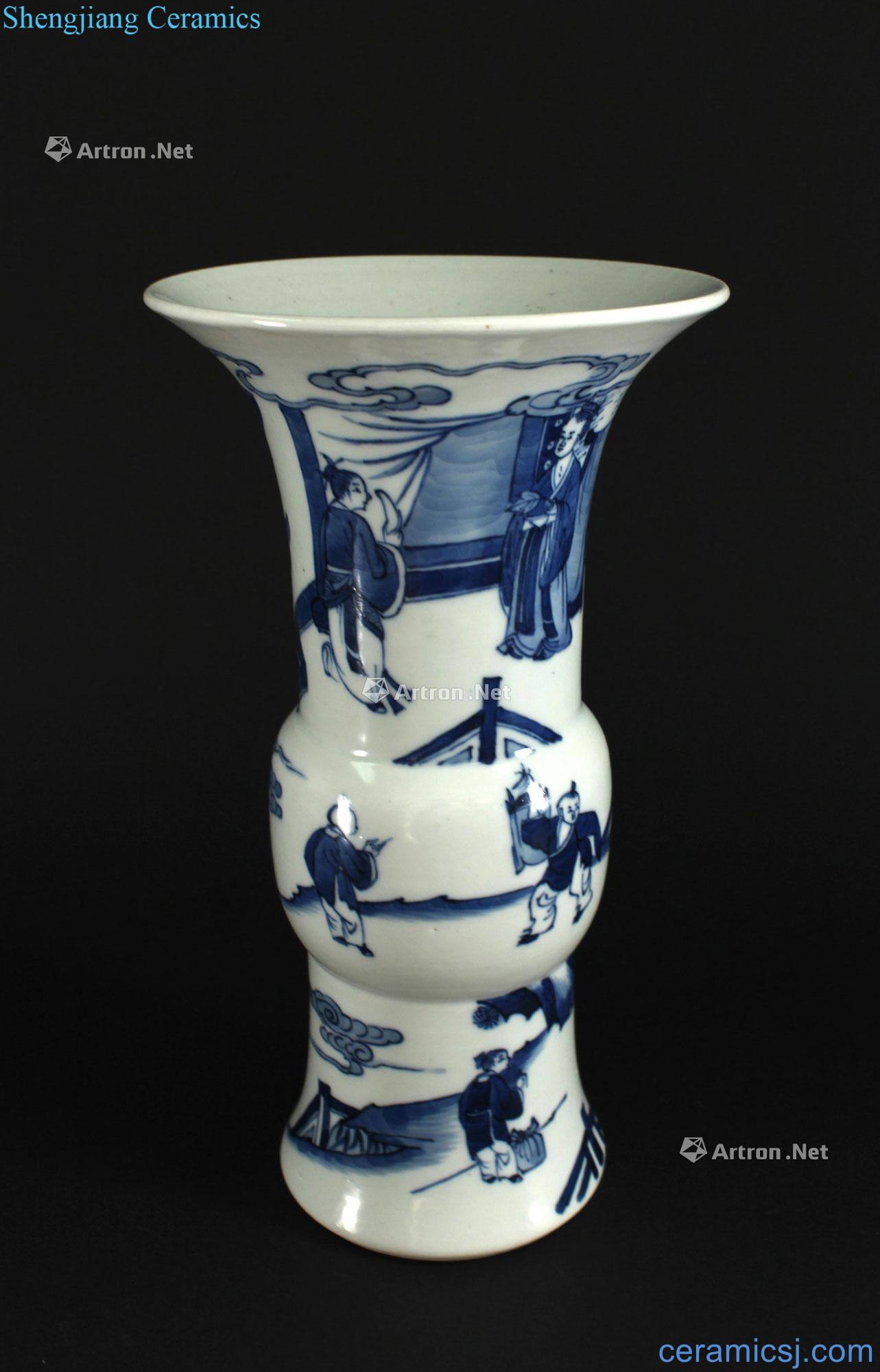 Qing guangxu Story lines flower vase with blue and white characters