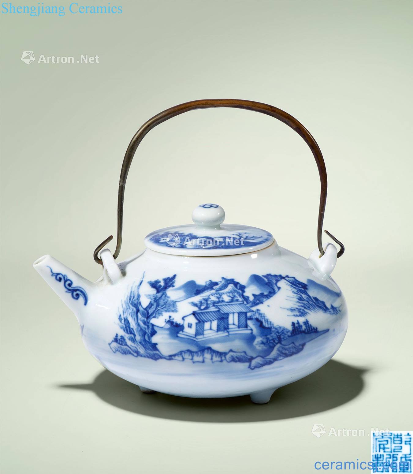Qing qianlong Blue and white landscape character figure girder pot