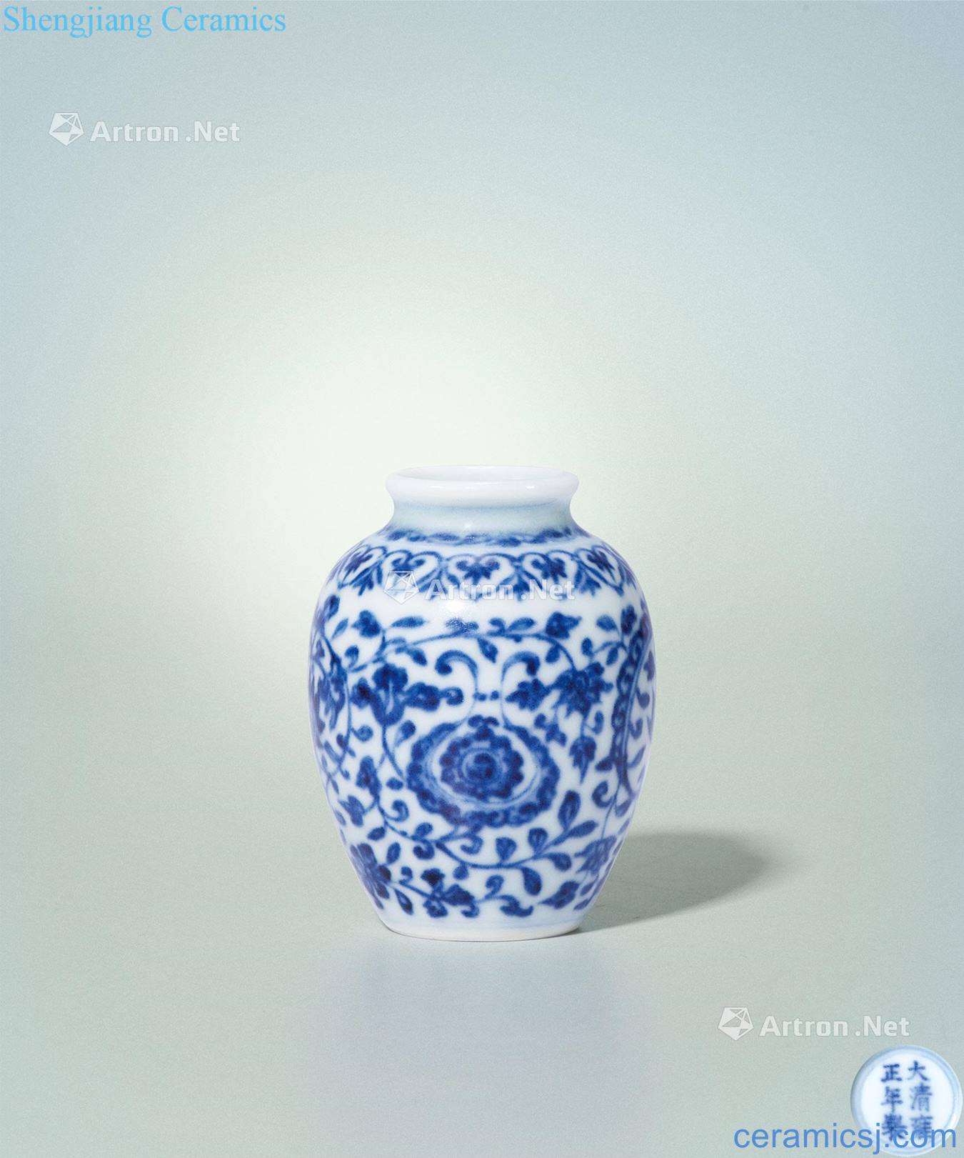 Qing yongzheng Blue and white tie up branch lines canister flowers