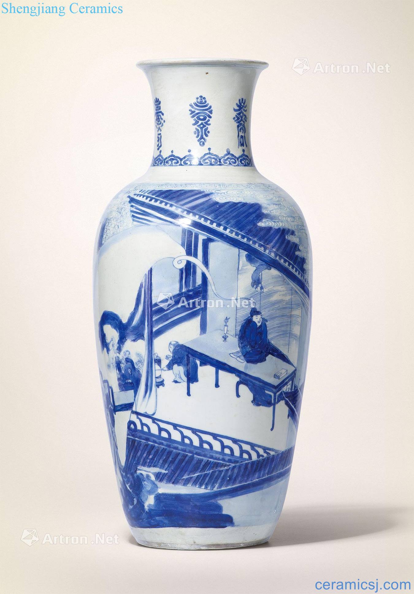 The qing emperor kangxi Blue and white landscape character lines goddess of mercy bottle