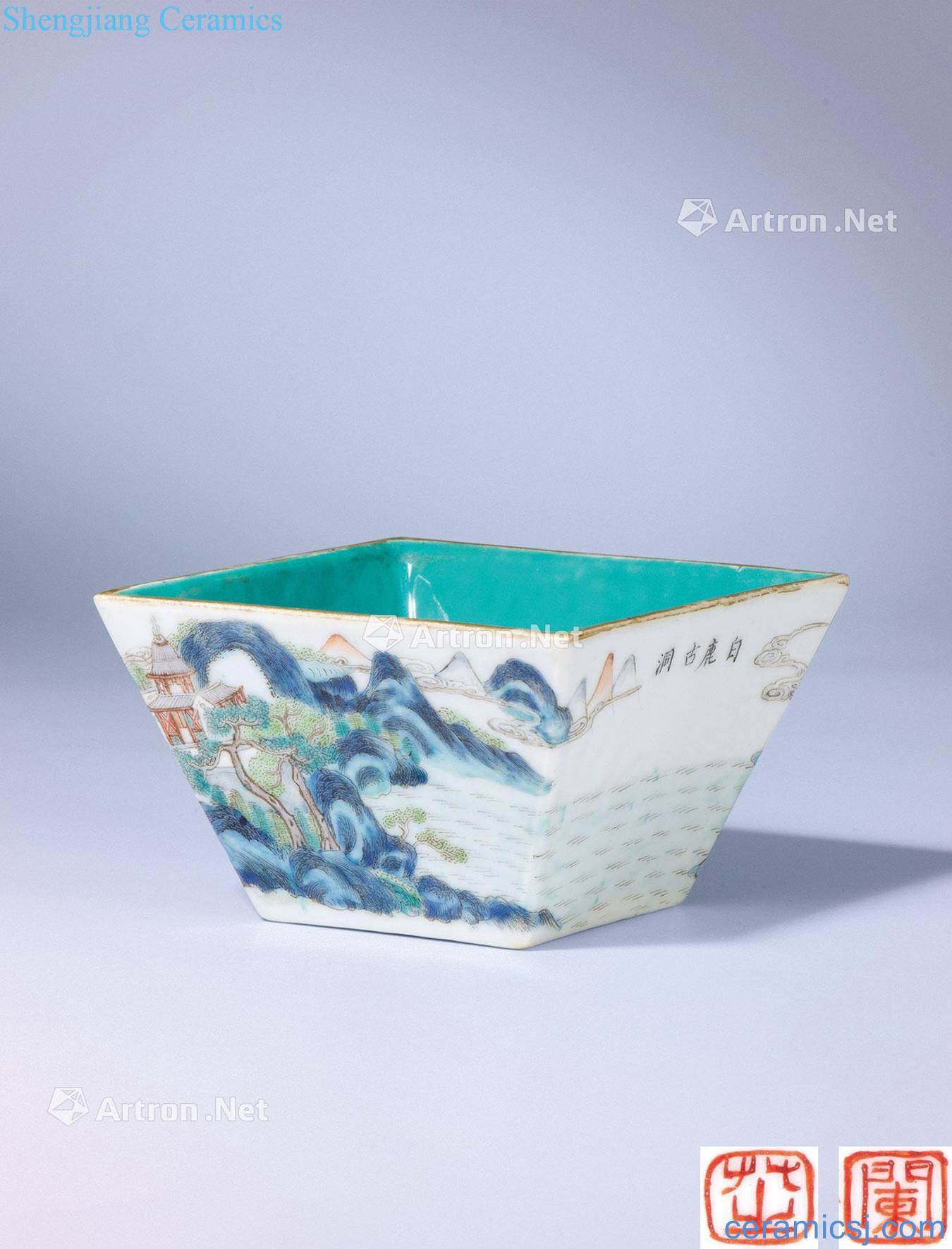 Qing jiaqing grain square bucket cup pastel landscape characters