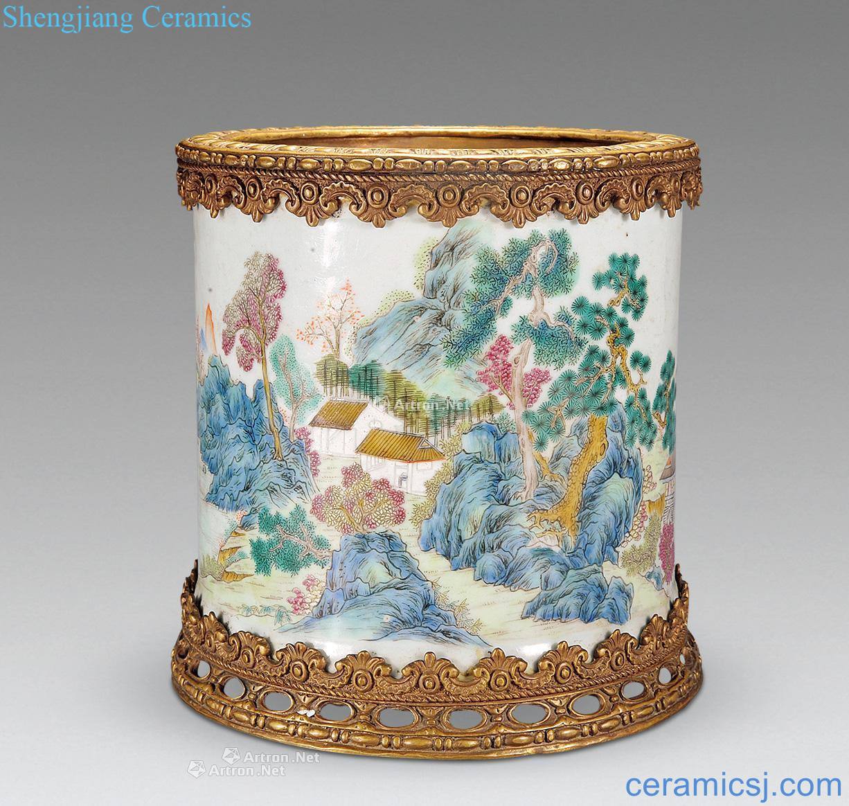 Clear pastel inlaid copper gold flower mouth floor brush pot