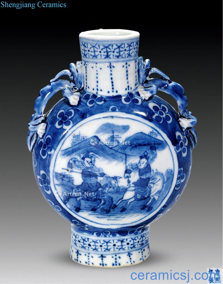 qing Blue and white ssangyong ear knife horse on bottle