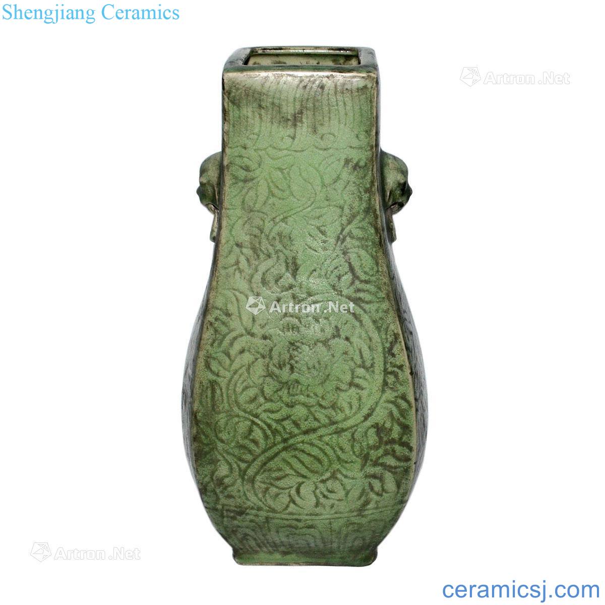 Ming Longquan celadon hand-cut beast ear square bottles