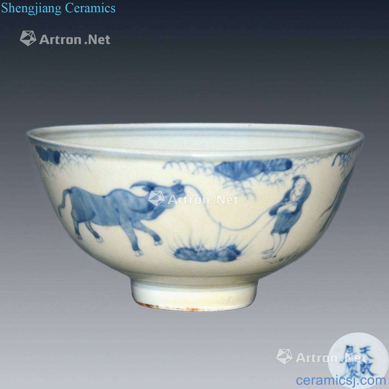Ming Blue and white cattle days Qi figure everyone bowl