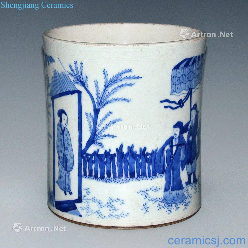 Qing dynasty blue and white meet story brush pot