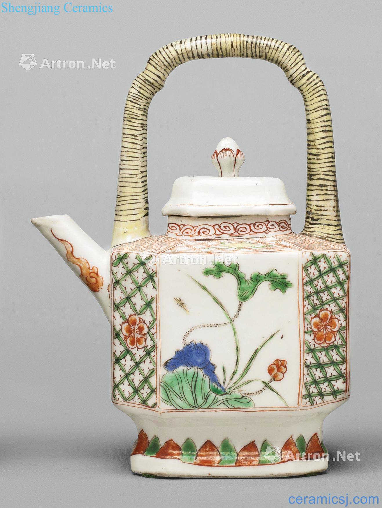 The qing emperor kangxi multicoloured medallion flower butterfly figure eight side girder pot with lid