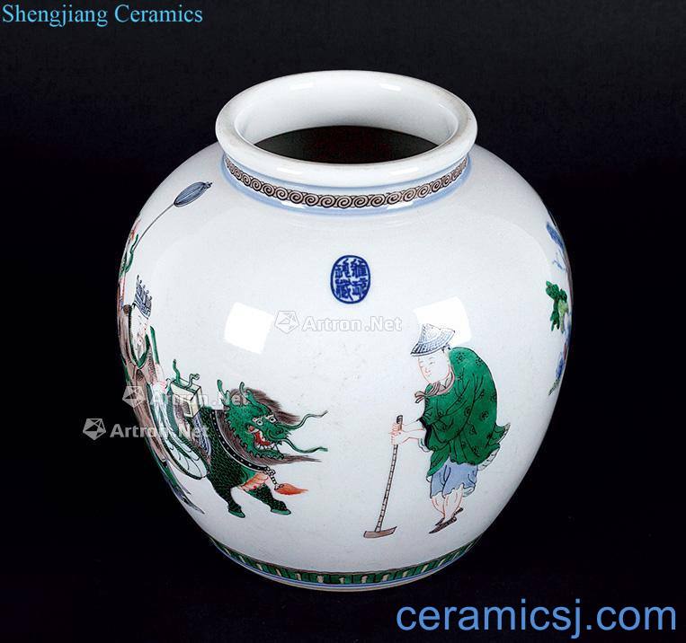 Qing dynasty blue and white color Wen Wangfang xian tank