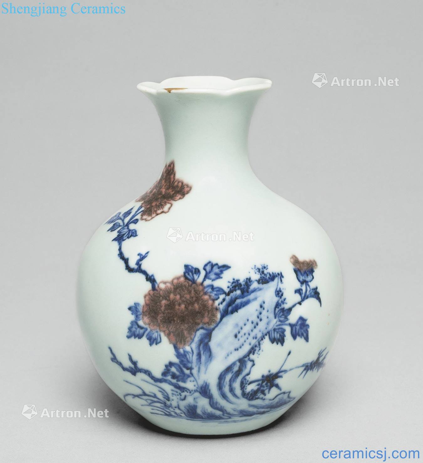 Qing dynasty blue-and-white youligong stone figure pomegranate red peony