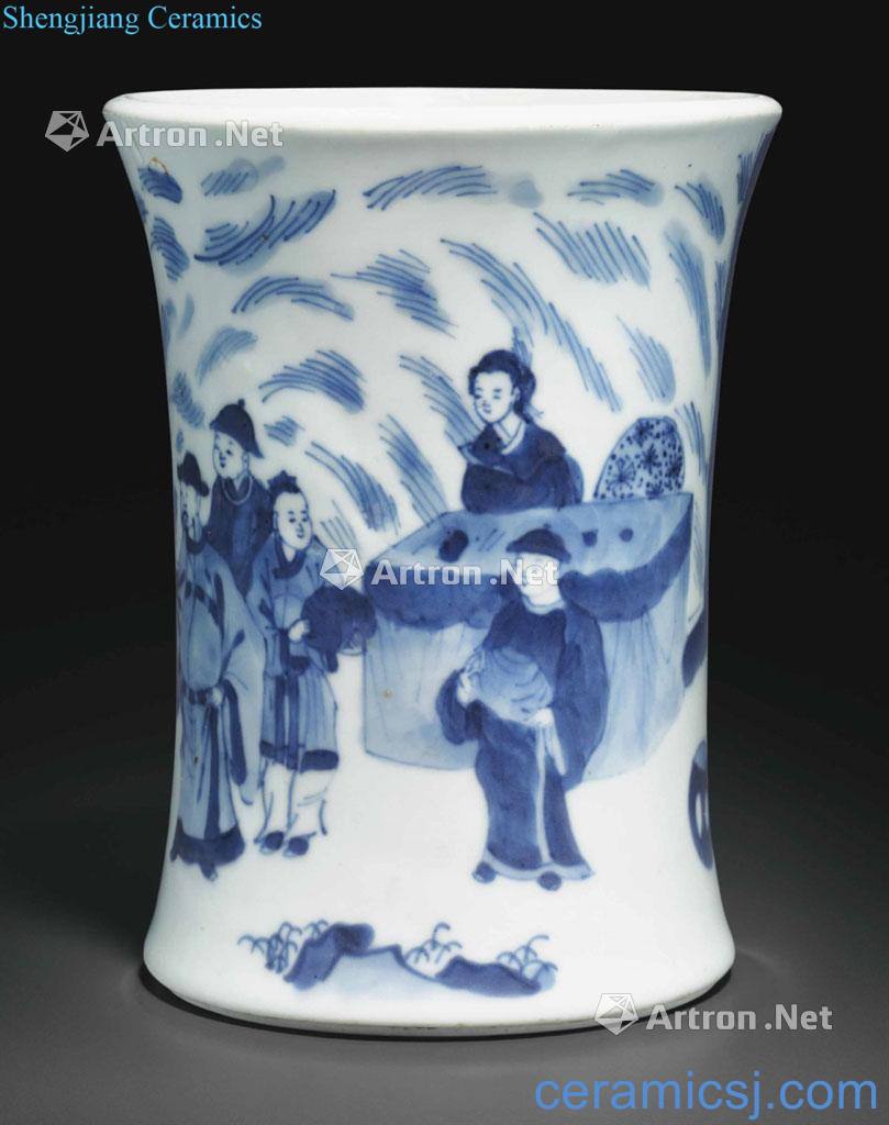 The late Ming dynasty Blue and white landscape character story figure pen container